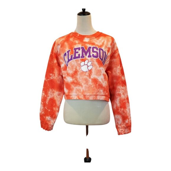 PRESSBOX SZ XL Clemson Tigers Women's Orange Tie-dye Pullover Cropped Sweatshirt - Picture 1 of 8